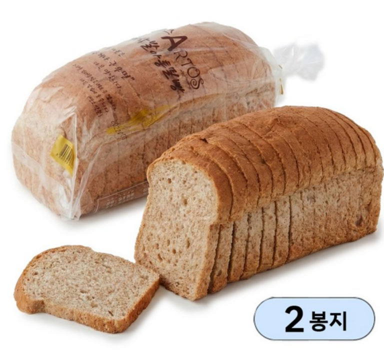 아르토스 통밀식빵 530g × 2개｜무방부제 샌드위치·토스트용 식빵, 영양성분, 혈당관리빵, 글루코핏